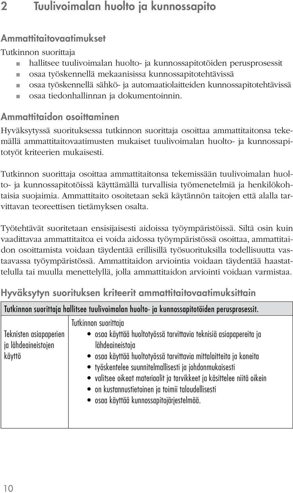 Ammattitaidon osoittaminen Hyväksytyssä suorituksessa tutkinnon suorittaja osoittaa ammattitaitonsa tekemällä ammattitaitovaatimusten mukaiset tuulivoimalan huolto- ja kunnossapitotyöt kriteerien