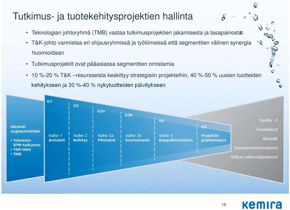 synergia huomioidaan Tutkimusprojektit ovat pääasiassa segmenttien omistamia 10 %-20 % T&K resursseista