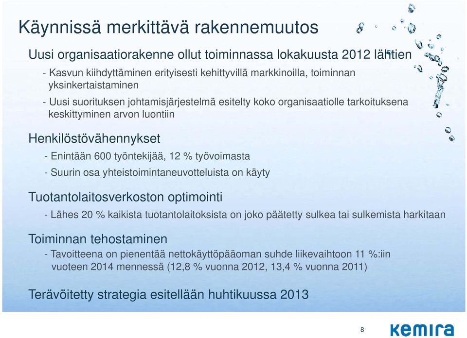 työvoimasta - Suurin osa yhteistoimintaneuvotteluista on käyty Tuotantolaitosverkoston optimointi - Lähes 20 % kaikista tuotantolaitoksista on joko päätetty sulkea tai sulkemista harkitaan