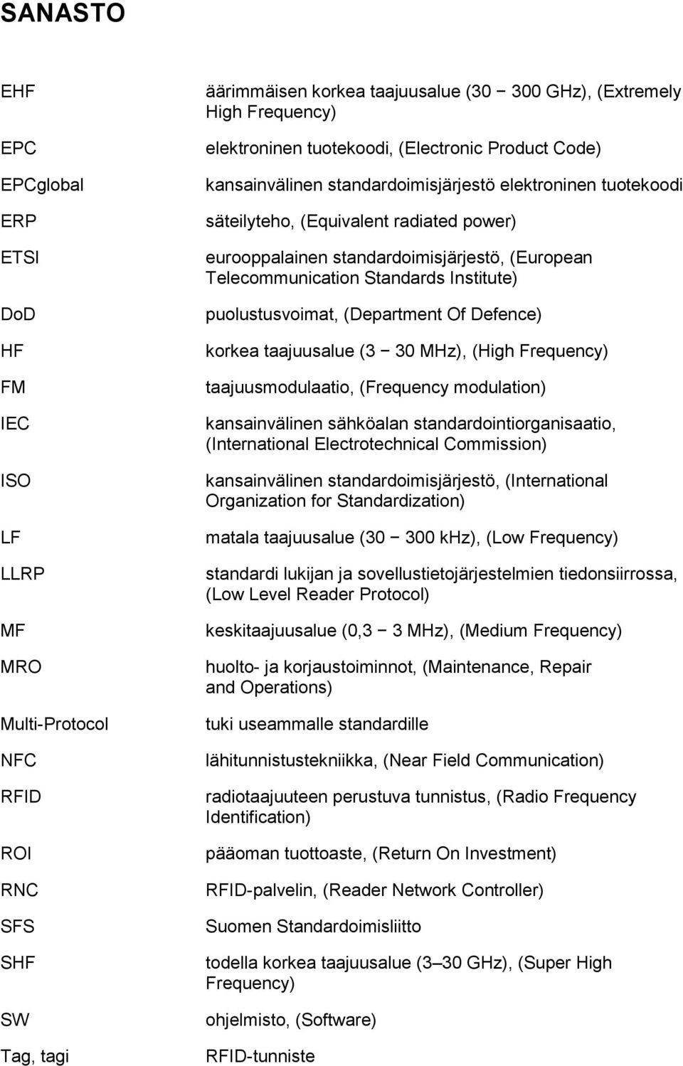 (European Telecommunication Standards Institute) puolustusvoimat, (Department Of Defence) korkea taajuusalue (3 30 MHz), (High Frequency) taajuusmodulaatio, (Frequency modulation) kansainvälinen