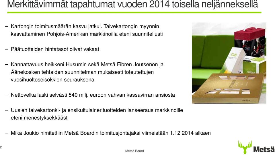 sekä Metsä Fibren Joutsenon ja Äänekosken tehtaiden suunnitelman mukaisesti toteutettujen vuosihuoltoseisokkien seurauksena Nettovelka laski selvästi 54