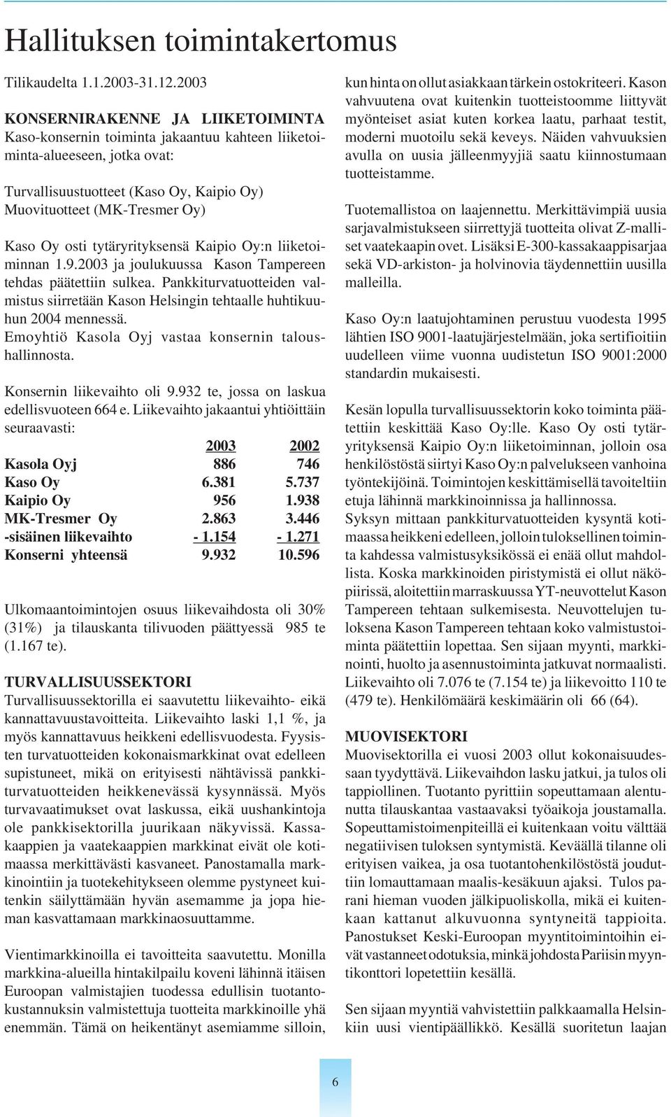 osti tytäryrityksensä Kaipio Oy:n liiketoiminnan 1.9.2003 ja joulukuussa Kason Tampereen tehdas päätettiin sulkea.