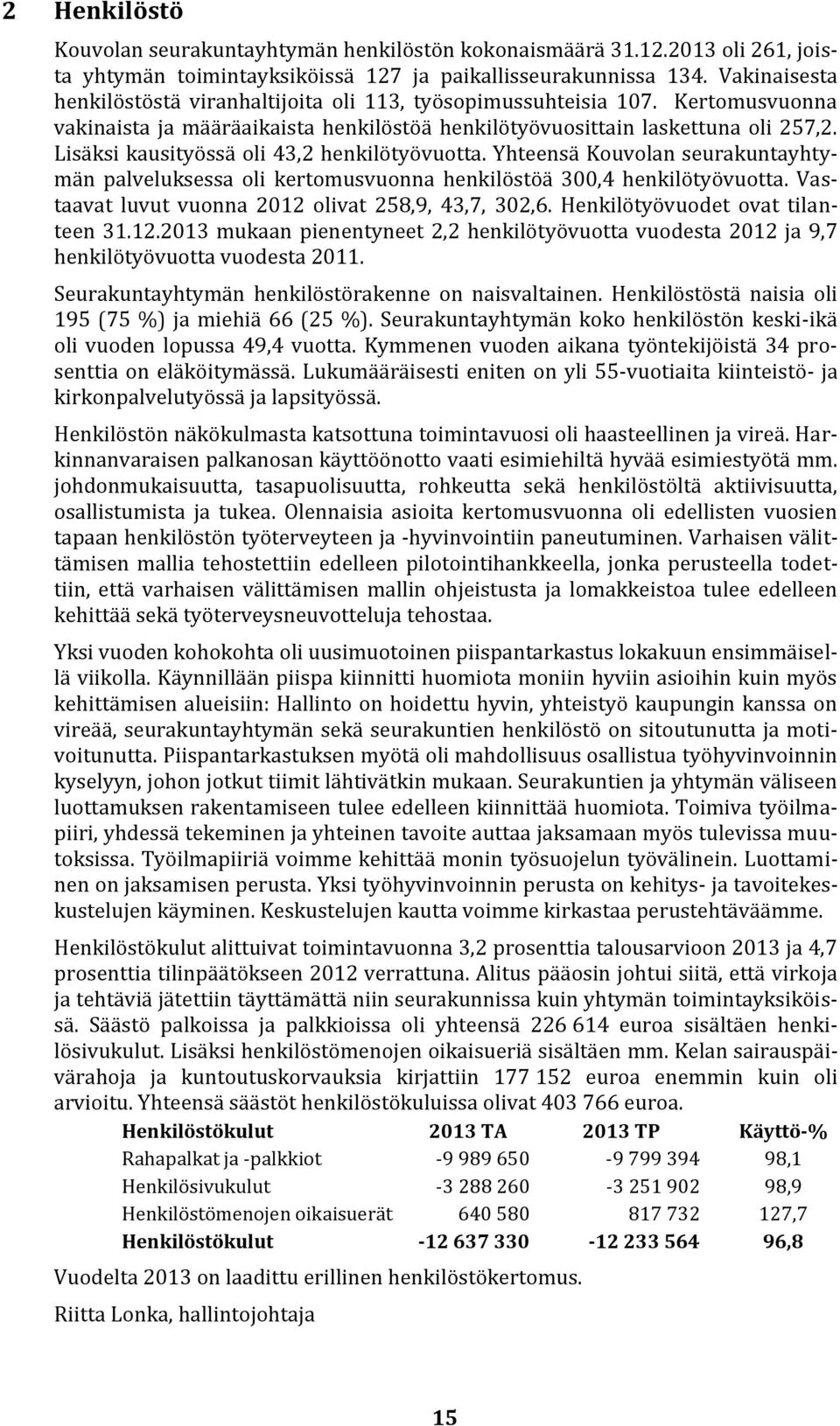 Lisäksi kausityössä oli 43,2 henkilötyövuotta. Yhteensä Kouvolan seurakuntayhtymän palveluksessa oli kertomusvuonna henkilöstöä 300,4 henkilötyövuotta.