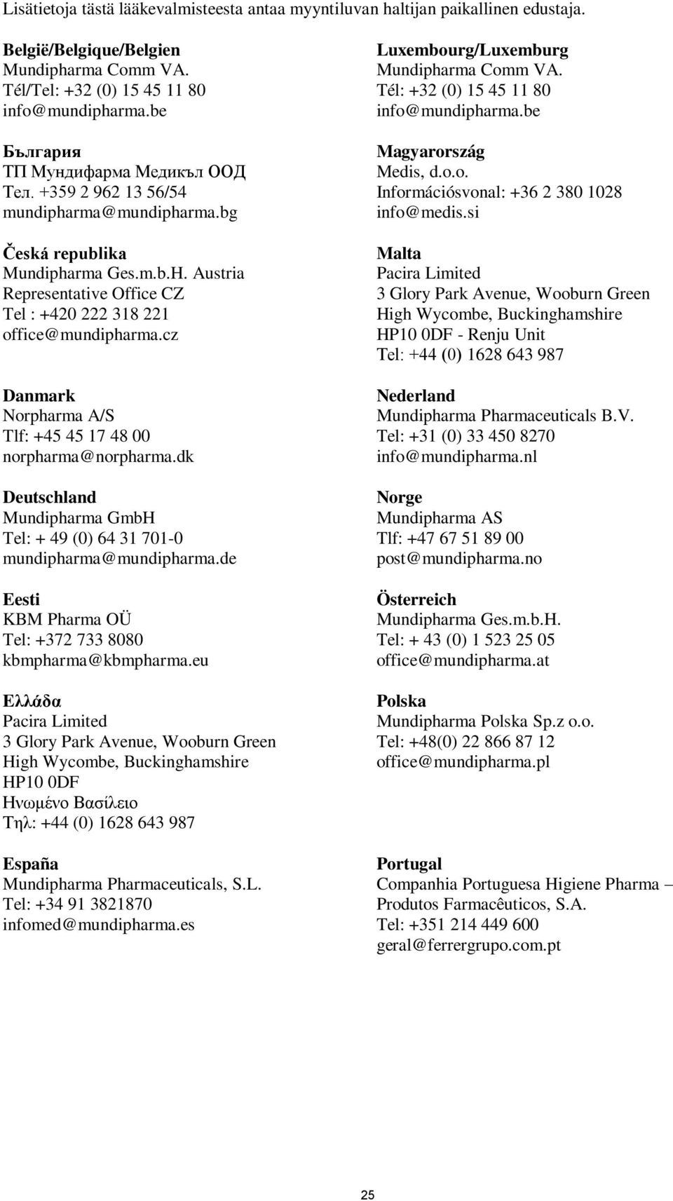 Austria Representative Office CZ Tel : +420 222 318 221 office@mundipharma.cz Danmark Norpharma A/S Tlf: +45 45 17 48 00 norpharma@norpharma.