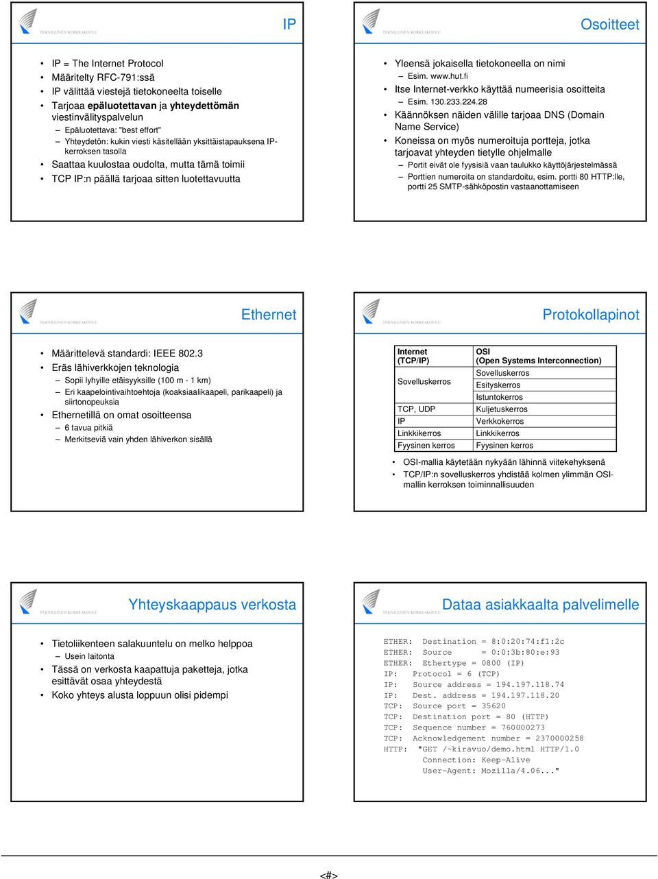 tietokoneella on nimi Esim. www.hut.fi Itse Internet-verkko käyttää numeerisia osoitteita Esim. 130.233.224.