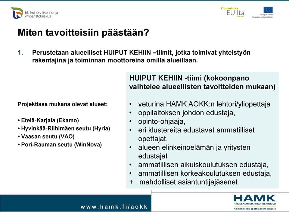 Vaasan seutu (VAO) Pori-Rauman seutu (WinNova) veturina HAMK AOKK:n lehtori/yliopettaja oppilaitoksen johdon edustaja, opinto-ohjaaja, eri klustereita edustavat
