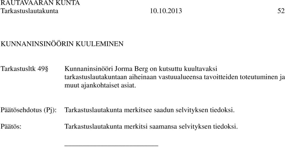 kutsuttu kuultavaksi tarkastuslautakuntaan aiheinaan vastuualueensa tavoitteiden