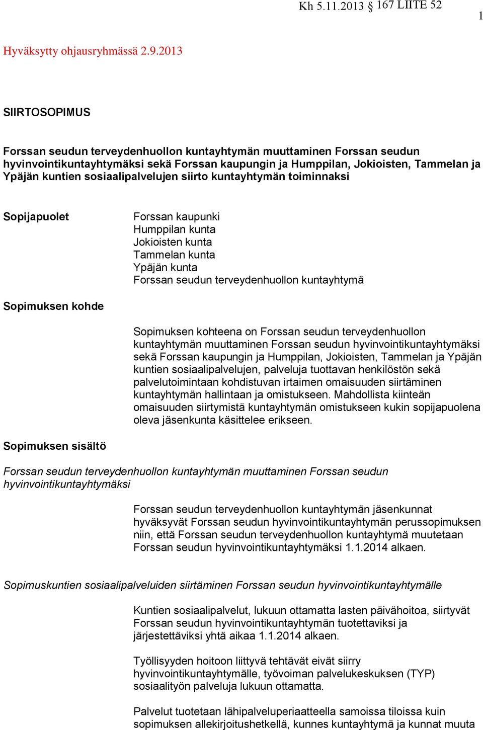 sosiaalipalvelujen siirto kuntayhtymän toiminnaksi Sopijapuolet Forssan kaupunki Humppilan kunta Jokioisten kunta Tammelan kunta Ypäjän kunta Forssan seudun terveydenhuollon kuntayhtymä Sopimuksen