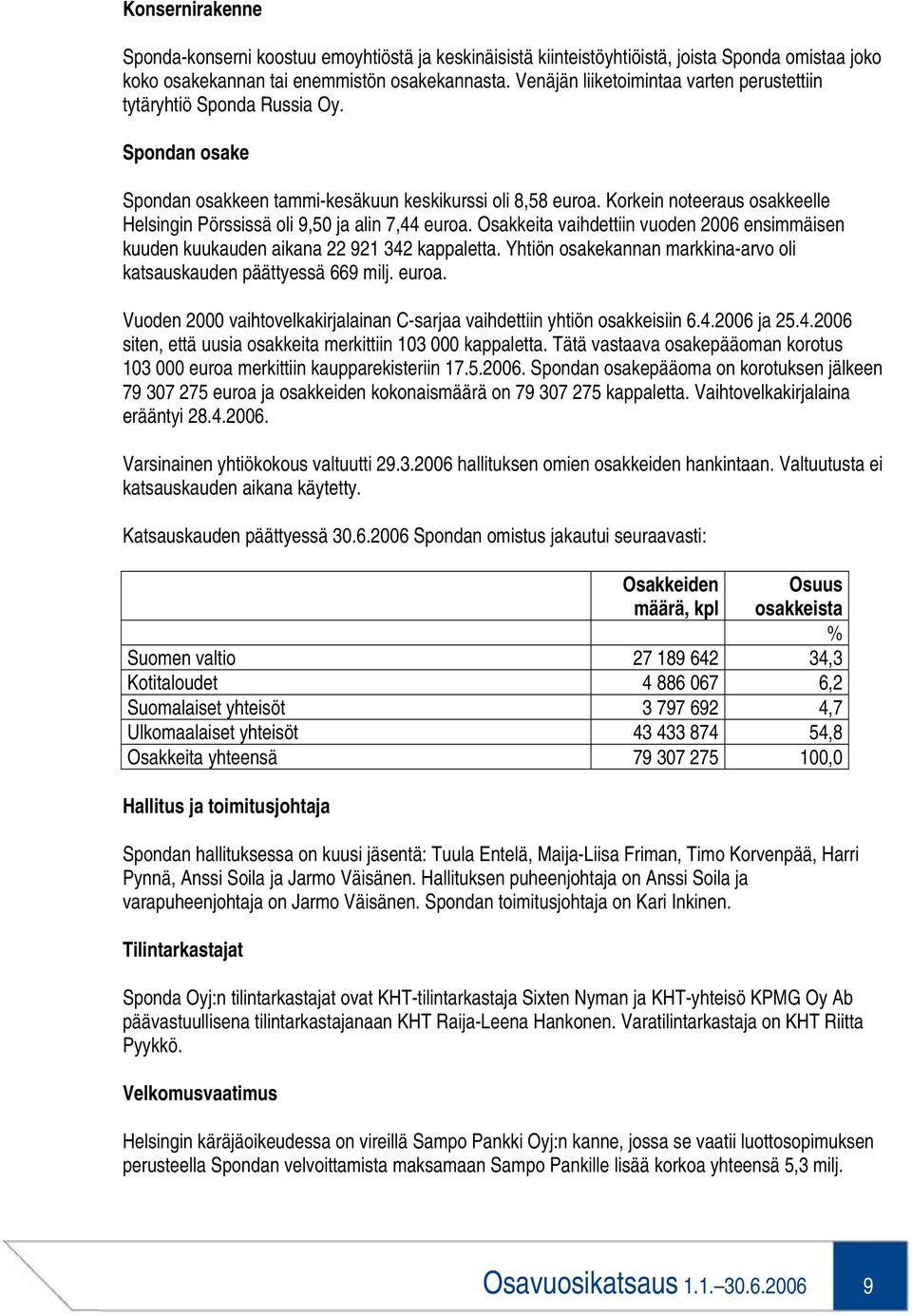 Korkein noteeraus osakkeelle Helsingin Pörssissä oli 9,50 ja alin 7,44 euroa. Osakkeita vaihdettiin vuoden 2006 ensimmäisen kuuden kuukauden aikana 22 921 342 kappaletta.