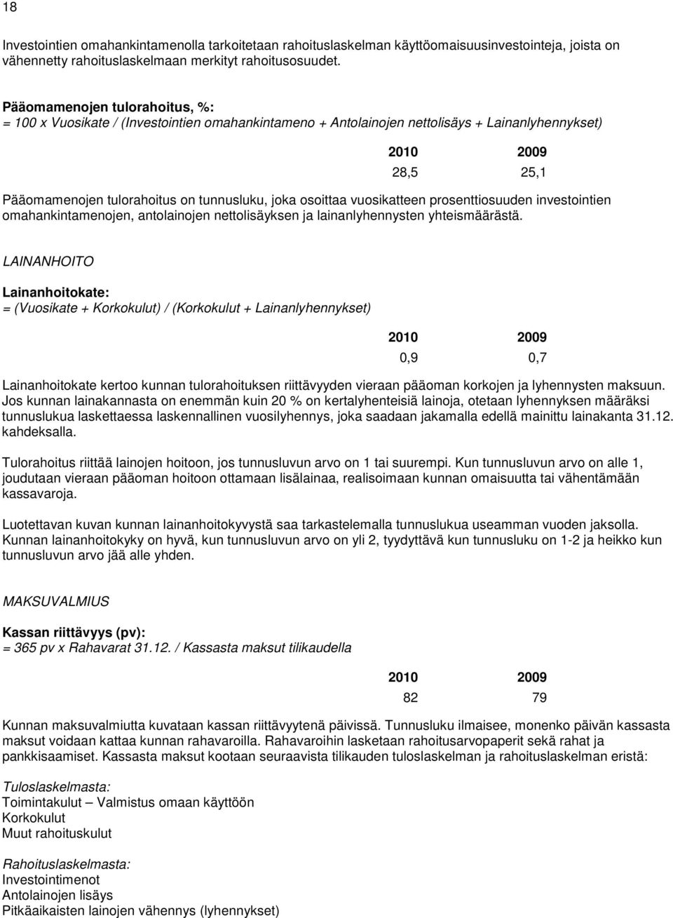 vuosikatteen prosenttiosuuden investointien omahankintamenojen, antolainojen nettolisäyksen ja lainanlyhennysten yhteismäärästä.