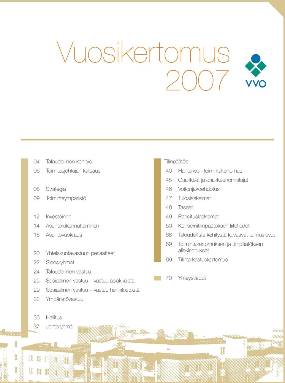 Tilinpäätös 40 Hallituksen toimintakertomus 45 Osakkeet ja osakkeenomistajat 46 Voitonjakoehdotus 47 Tuloslaskelmat 48 Taseet 49 Rahoituslaskelmat 50 Konsernitilinpäätöksen