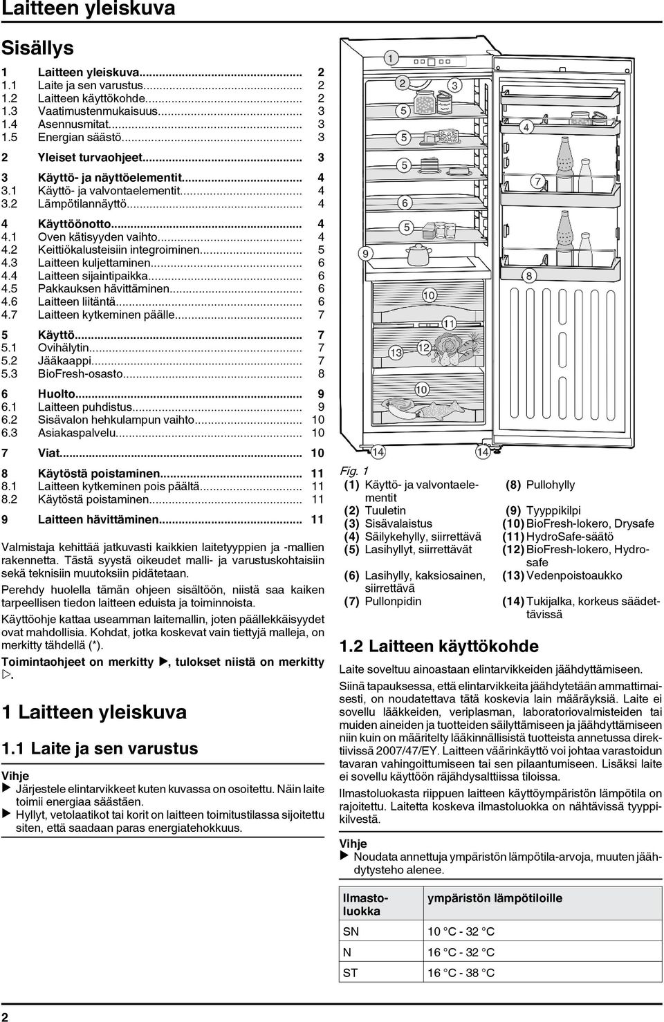 .. 5 4.3 Laitteen kuljettaminen... 6 4.4 Laitteen sijaintipaikka... 6 4.5 Pakkauksen hävittäminen... 6 4.6 Laitteen liitäntä... 6 4.7 Laitteen kytkeminen päälle... 7 5 Käyttö... 7 5.1 Ovihälytin... 7 5.2 Jääkaappi.