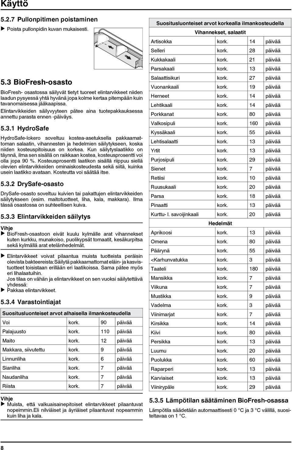 1 HydroSafe HydroSafe-lokero soveltuu kostea-asetuksella pakkaamattoman salaatin, vihannesten ja hedelmien säilytykseen, koska niiden kosteuspitoisuus on korkea.