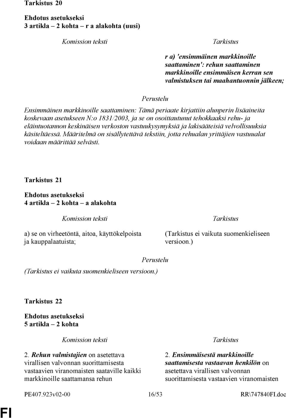 vastuukysymyksiä ja lakisääteisiä velvollisuuksia käsiteltäessä. Määritelmä on sisällytettävä tekstiin, jotta rehualan yrittäjien vastuualat voidaan määrittää selvästi.