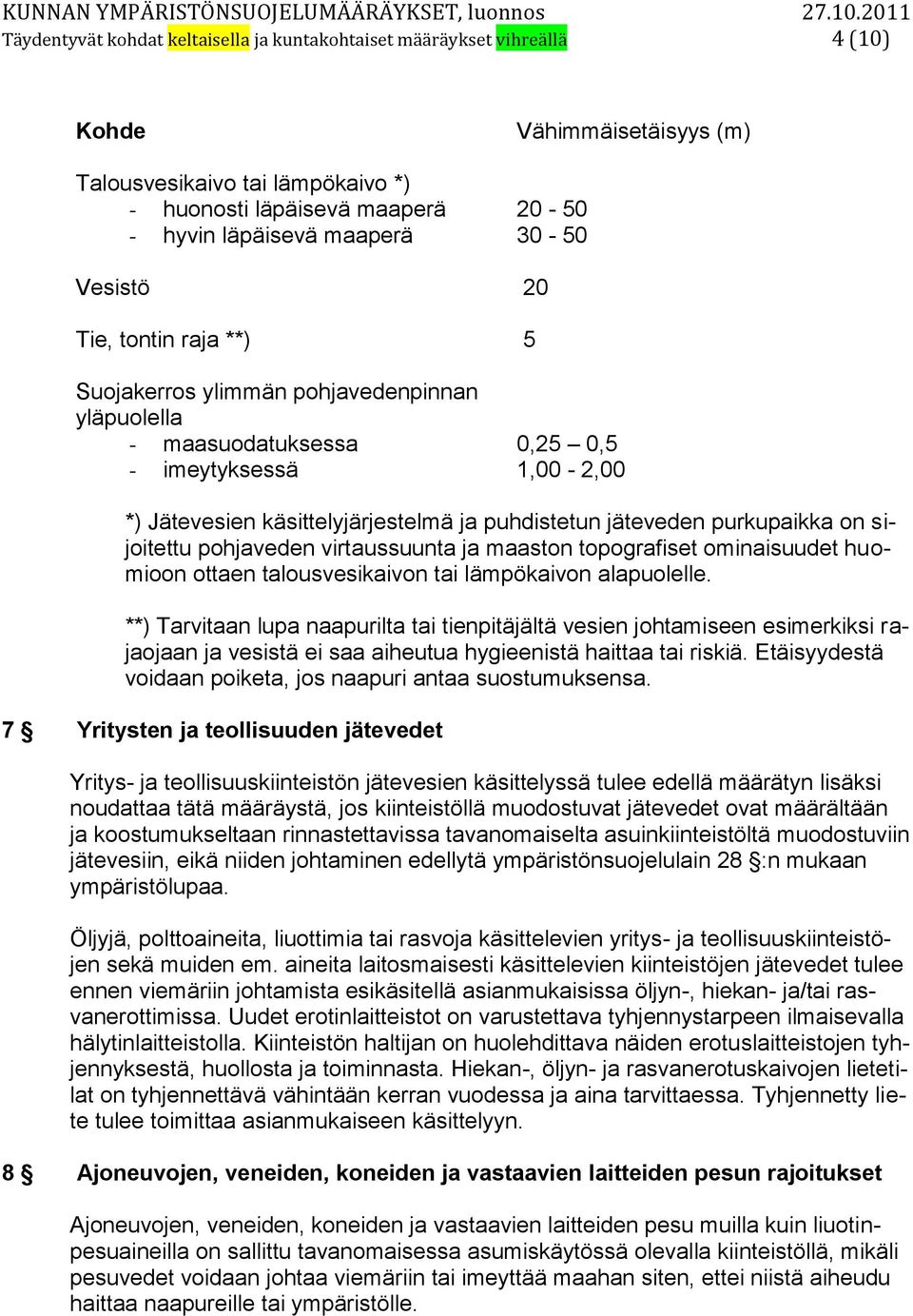 jäteveden purkupaikka on sijoitettu pohjaveden virtaussuunta ja maaston topografiset ominaisuudet huomioon ottaen talousvesikaivon tai lämpökaivon alapuolelle.