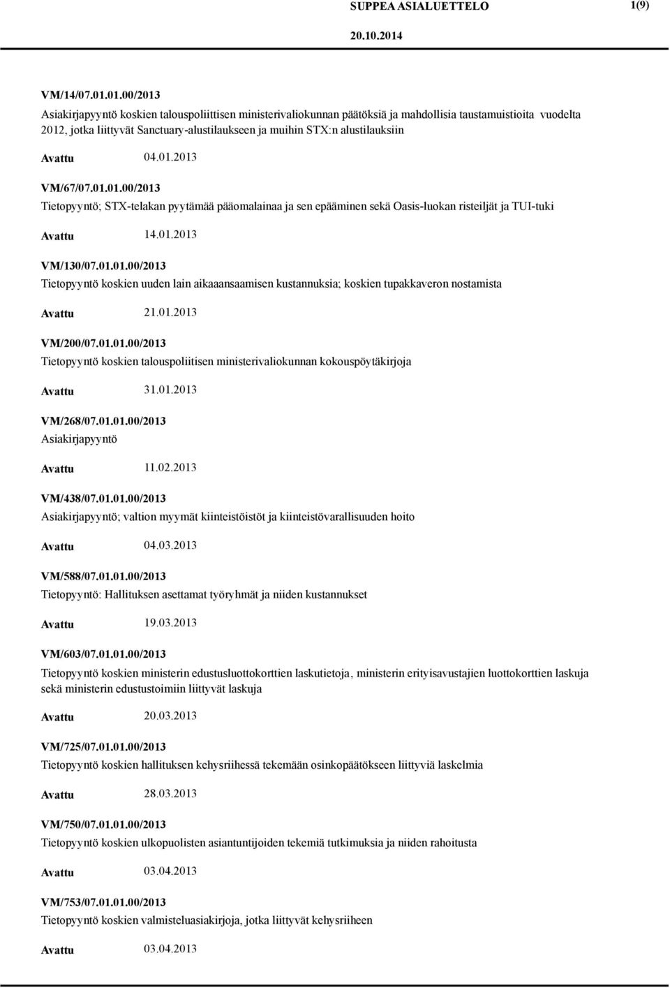 alustilauksiin 04.01.2013 VM/67/07.01.01.00/2013 Tietopyyntö; STX-telakan pyytämää pääomalainaa ja sen epääminen sekä Oasis-luokan risteiljät ja TUI-tuki 14.01.2013 VM/130/07.01.01.00/2013 Tietopyyntö koskien uuden lain aikaaansaamisen kustannuksia; koskien tupakkaveron nostamista 21.