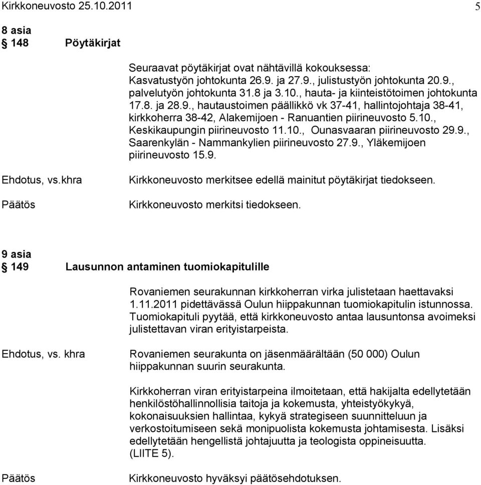 10., Ounasvaaran piirineuvosto 29.9., Saarenkylän Nammankylien piirineuvosto 27.9., Yläkemijoen piirineuvosto 15.9. Ehdotus, vs.khra Kirkkoneuvosto merkitsee edellä mainitut pöytäkirjat tiedokseen.