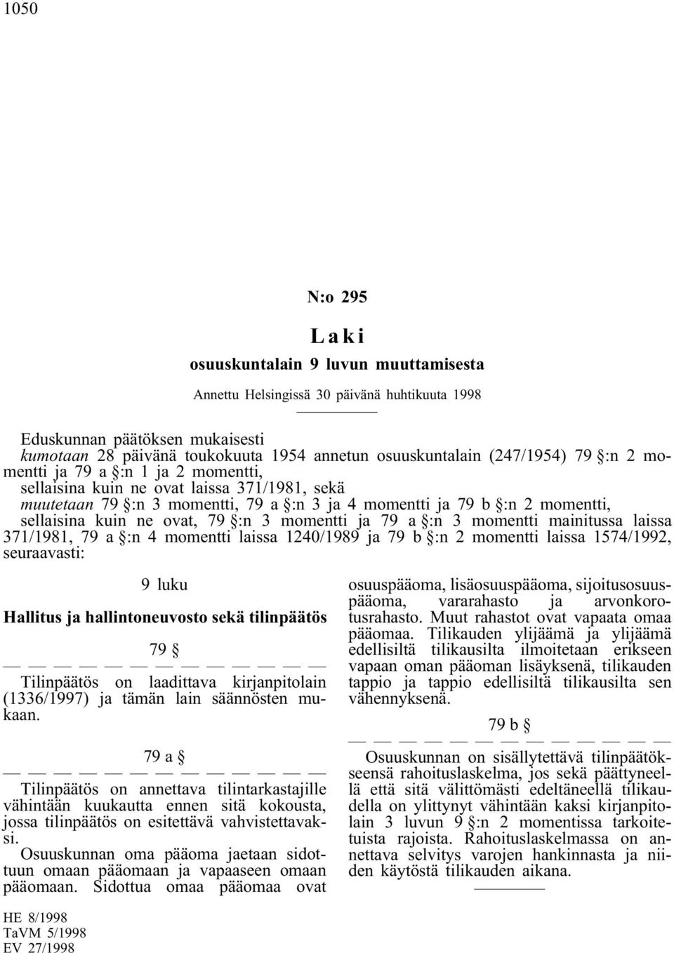 mainitussa laissa 371/1981, 79 a :n 4 momentti laissa 1240/1989 ja 79 b :n 2 momentti laissa 1574/1992, seuraavasti: 9 luku Hallitus ja hallintoneuvosto sekä tilinpäätös 79 Tilinpäätös on laadittava