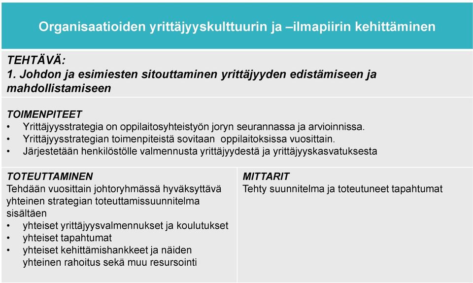 Yrittäjyysstrategian toimenpiteistä sovitaan oppilaitoksissa vuosittain.