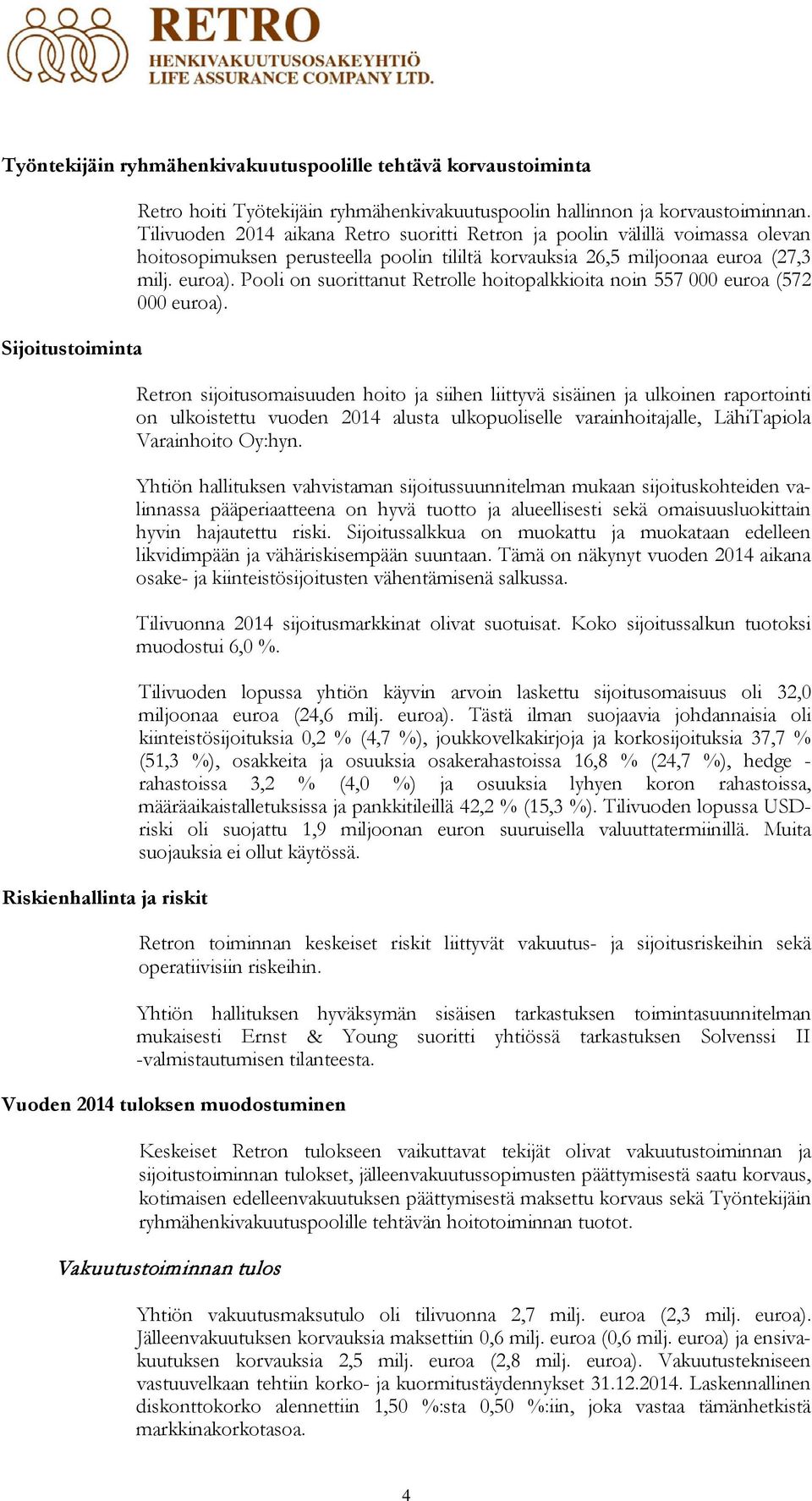 Pooli on suorittanut Retrolle hoitopalkkioita noin 557 000 euroa (572 000 euroa).
