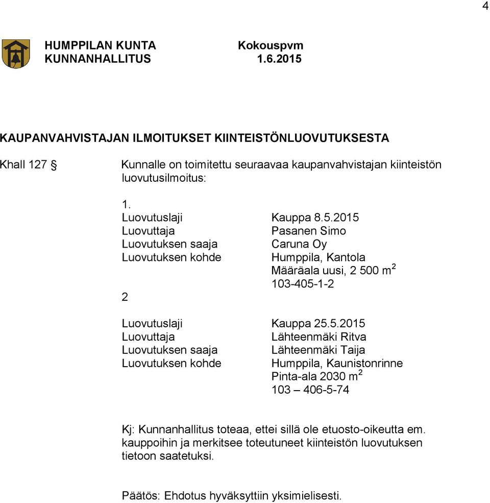 2015 Luovuttaja Pasanen Simo Luovutuksen saaja Caruna Oy Luovutuksen kohde Humppila, Kantola Määräala uusi, 2 500 m 2 103-405-1-2 2 Luovutuslaji Kauppa 25.