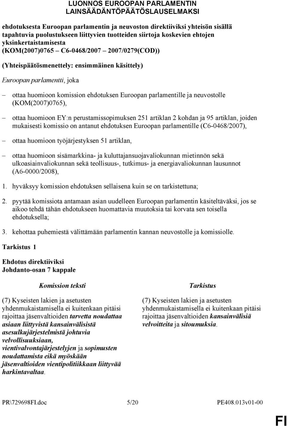 Euroopan parlamentille ja neuvostolle (KOM(2007)0765), ottaa huomioon EY:n perustamissopimuksen 251 artiklan 2 kohdan ja 95 artiklan, joiden mukaisesti komissio on antanut ehdotuksen Euroopan