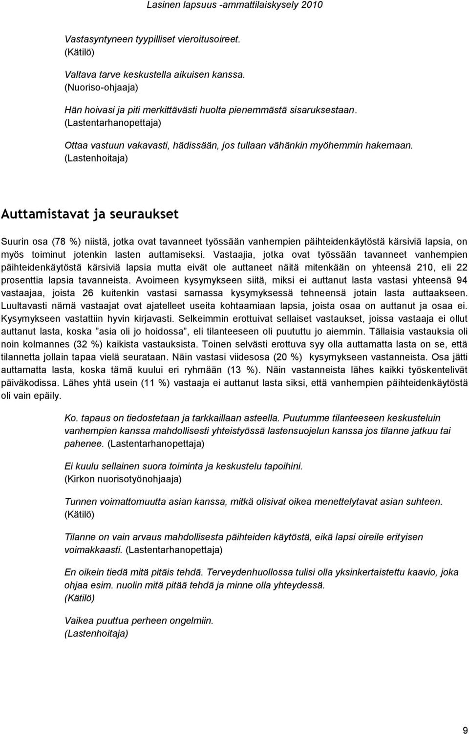 (Lastenhoitaja) Auttamistavat ja seuraukset Suurin osa (78 %) niistä, jotka ovat tavanneet työssään vanhempien päihteidenkäytöstä kärsiviä lapsia, on myös toiminut jotenkin lasten auttamiseksi.