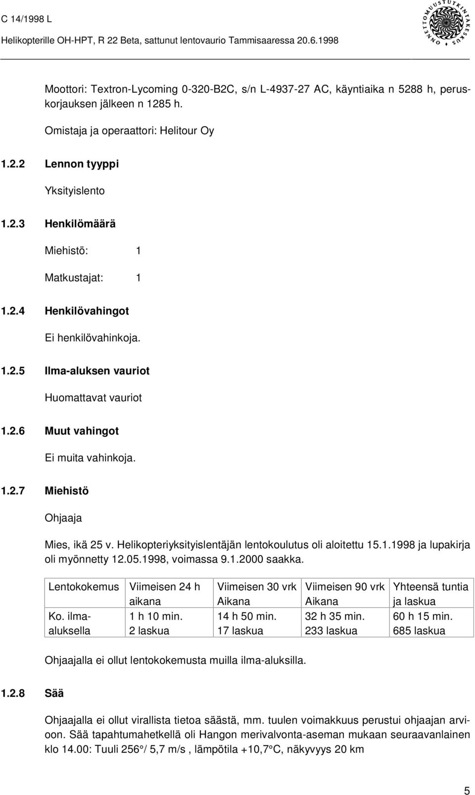 Helikopteriyksityislentäjän lentokoulutus oli aloitettu 15.1.1998 ja lupakirja oli myönnetty 12.05.1998, voimassa 9.1.2000 saakka. Lentokokemus Ko. ilmaaluksella Viimeisen 24 h aikana 1 h 10 min.