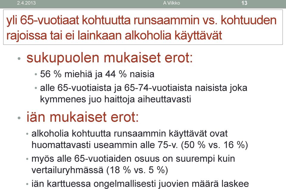 65-vuotiaista ja 65-74-vuotiaista naisista joka kymmenes juo haittoja aiheuttavasti iän mukaiset erot: alkoholia kohtuutta