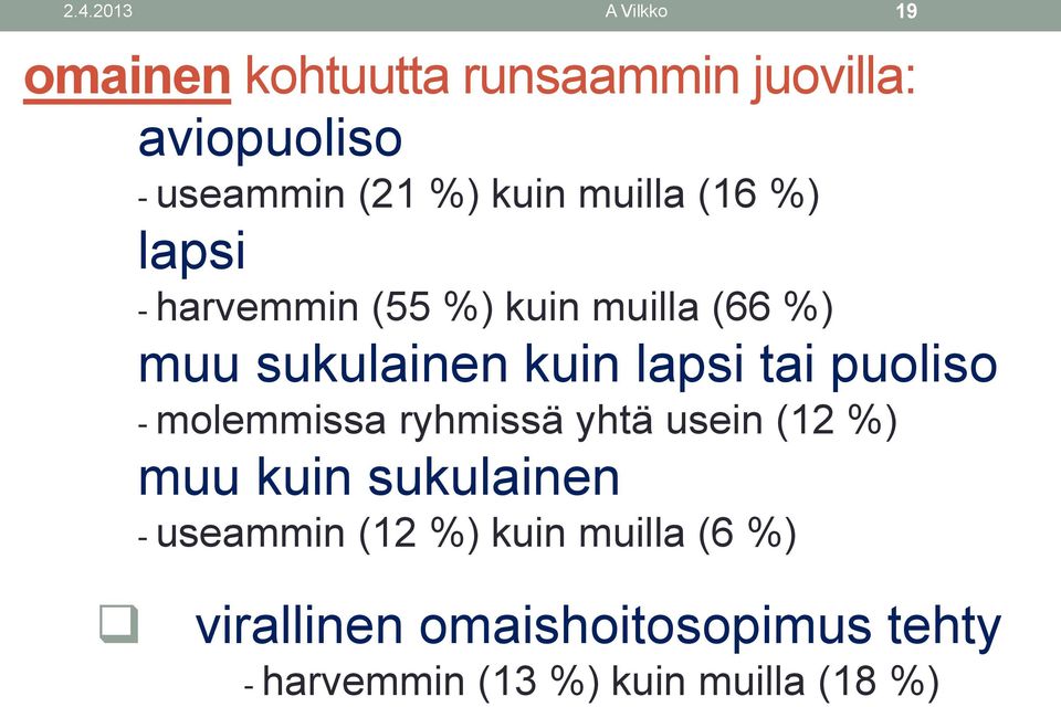 tai puoliso - molemmissa ryhmissä yhtä usein (12 %) muu kuin sukulainen - useammin (12 %)