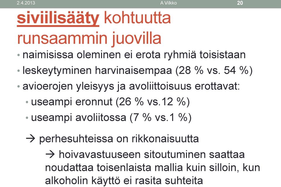 54 %) avioerojen yleisyys ja avoliittoisuus erottavat: useampi eronnut (26 % vs.