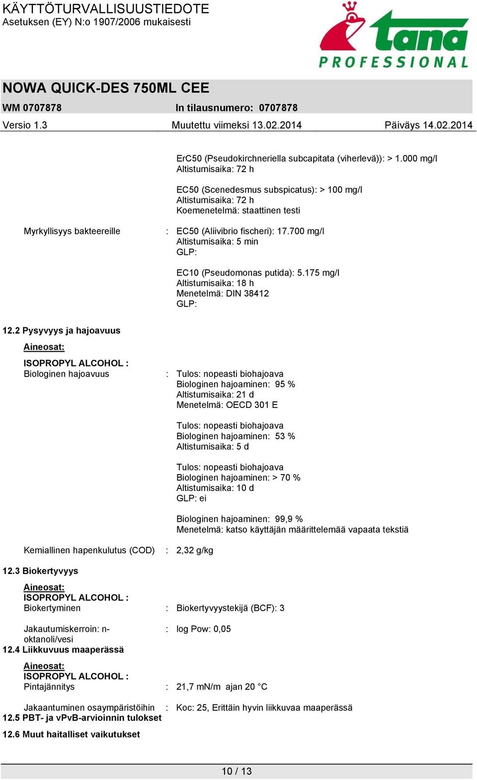 700 mg/l Altistumisaika: 5 min GLP: EC10 (Pseudomonas putida): 5.175 mg/l Altistumisaika: 18 h Menetelmä: DIN 38412 GLP: 12.