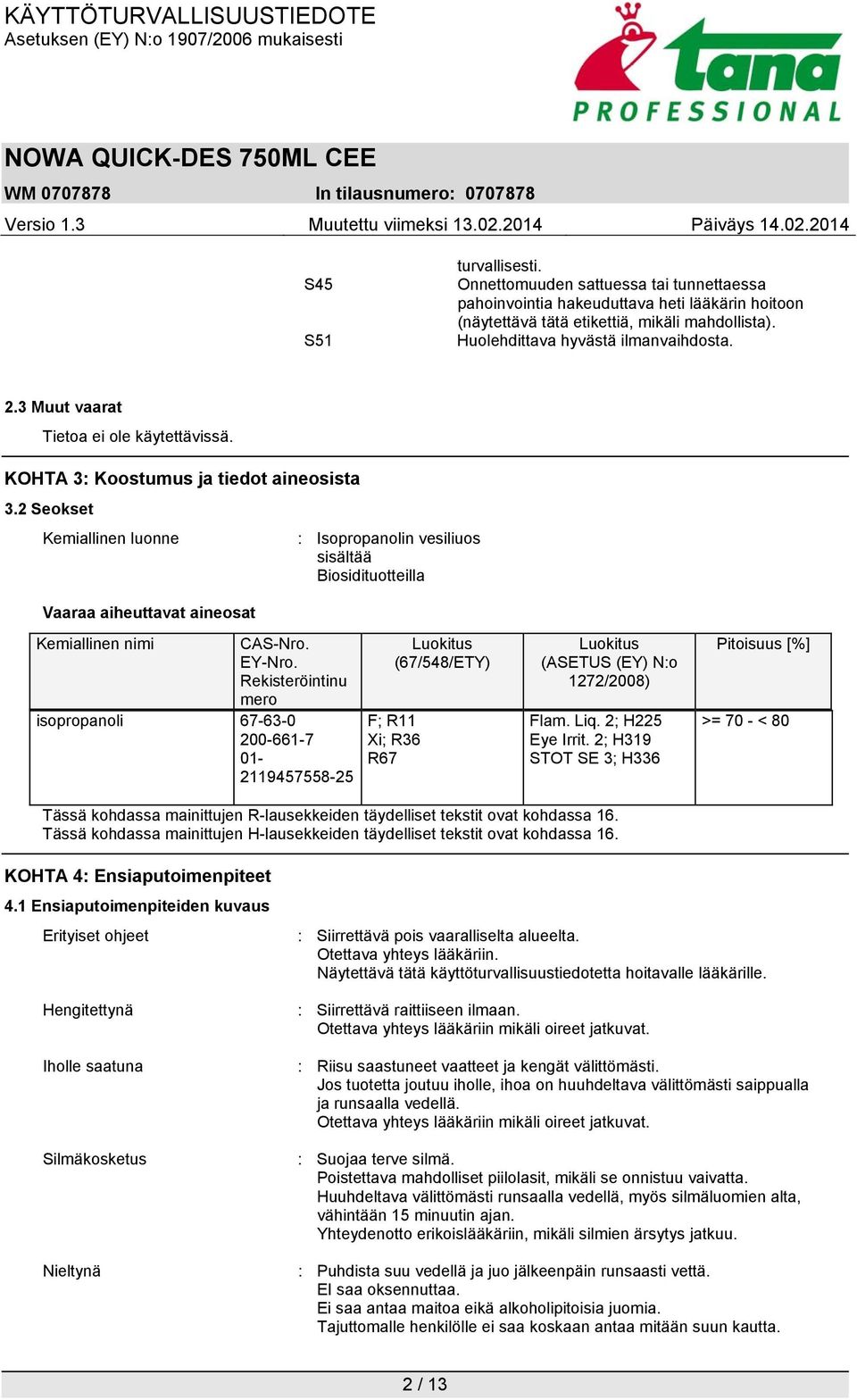 2 Seokset Kemiallinen luonne : Isopropanolin vesiliuos sisältää Biosidituotteilla Vaaraa aiheuttavat aineosat Kemiallinen nimi CAS-Nro. EY-Nro.