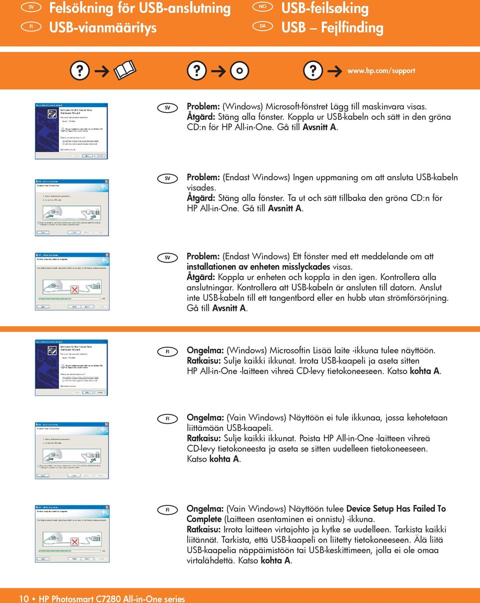 Ta ut och sätt tillbaka den gröna CD:n för HP All-in-One. Gå till Avsnitt A. Problem: (Endast Windows) Ett fönster med ett meddelande om att installationen av enheten misslyckades visas.