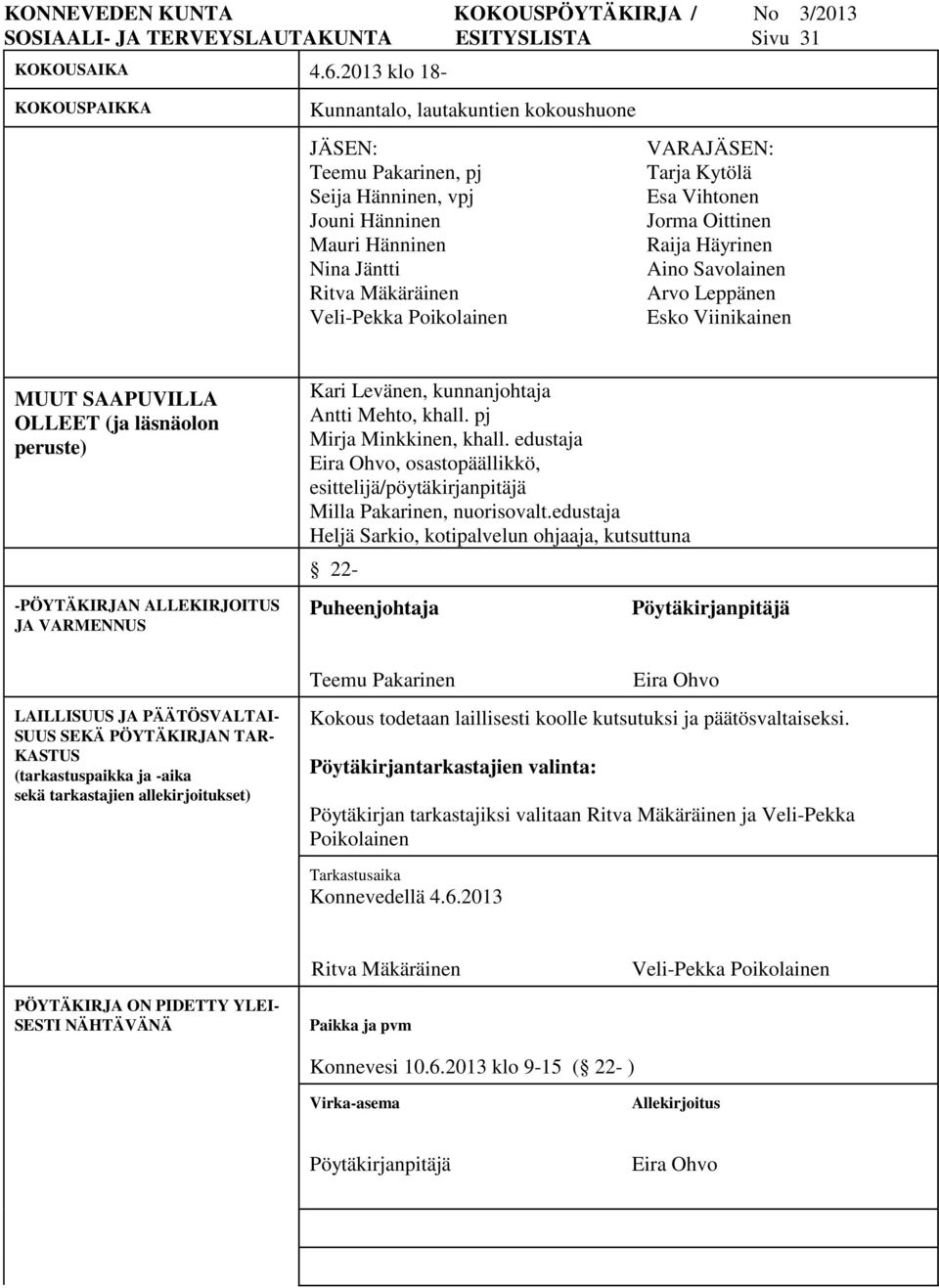 VARAJÄSEN: Tarja Kytölä Esa Vihtonen Jorma Oittinen Raija Häyrinen Aino Savolainen Arvo Leppänen Esko Viinikainen MUUT SAAPUVILLA OLLEET (ja läsnäolon peruste) -PÖYTÄKIRJAN ALLEKIRJOITUS JA VARMENNUS