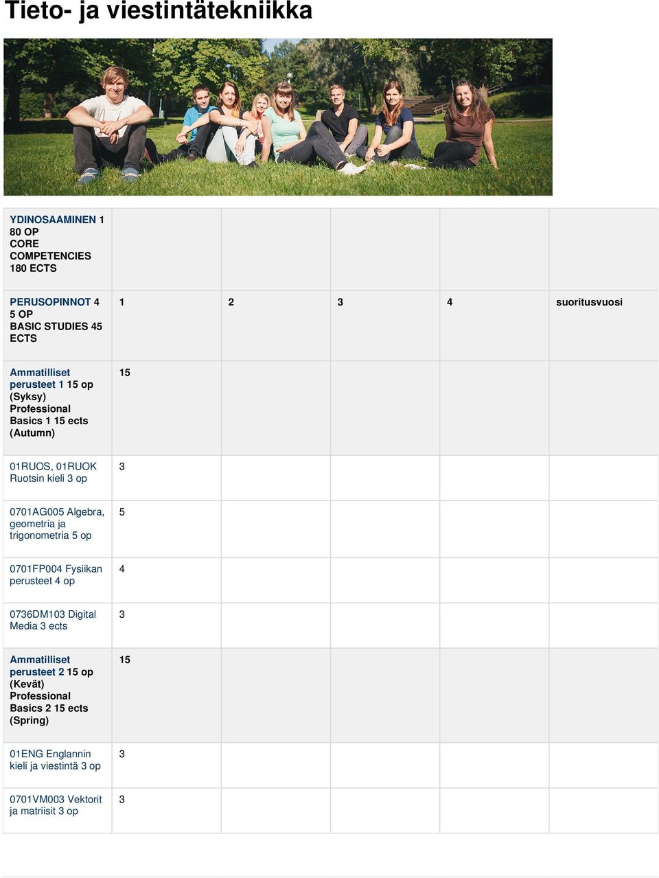 0701AG00 Algebra, geometria ja trigonometria op 0701FP00 Fysiikan perusteet op 0736DM103 Digital Media 3 ects 3 Ammatilliset