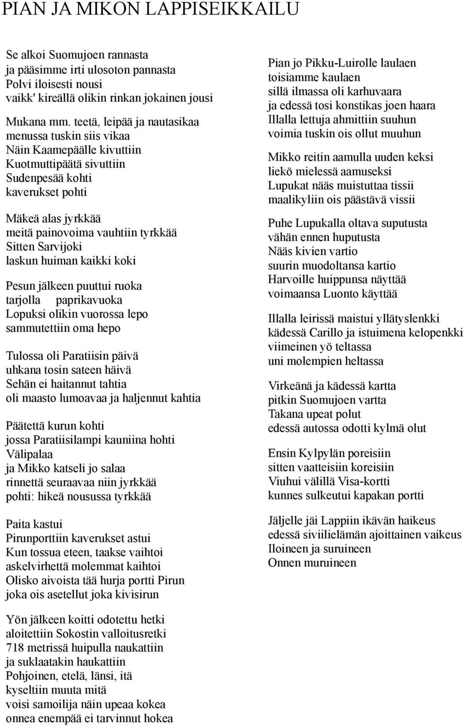 Sarvijoki laskun huiman kaikki koki Pesun jälkeen puuttui ruoka tarjolla paprikavuoka Lopuksi olikin vuorossa lepo sammutettiin oma hepo Tulossa oli Paratiisin päivä uhkana tosin sateen häivä Sehän