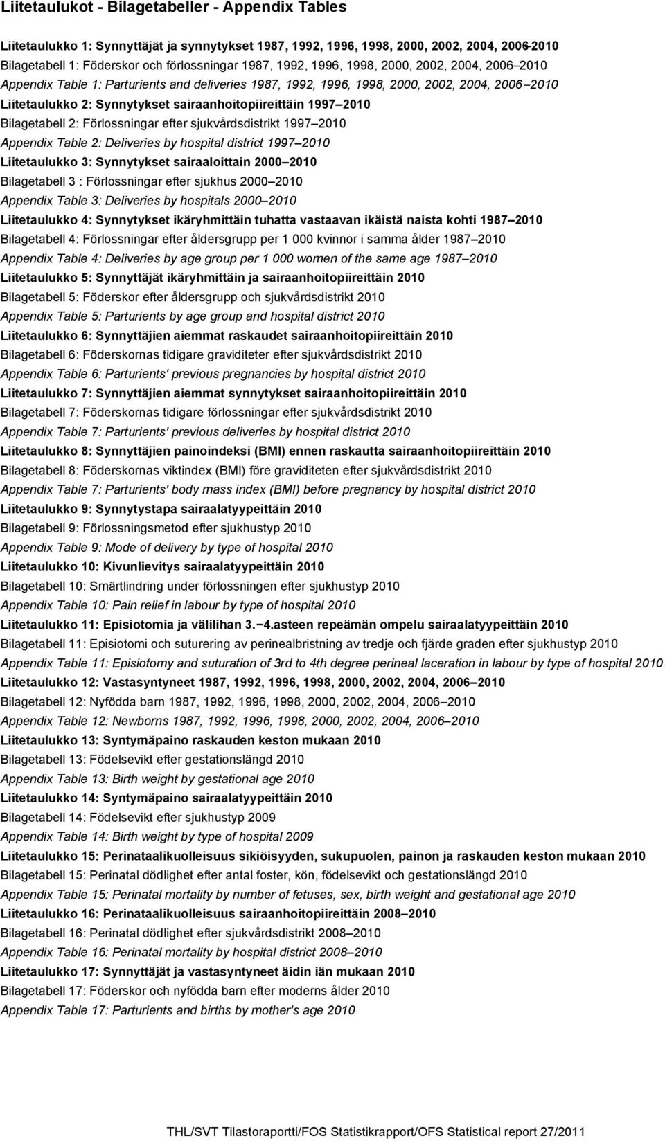 1997 2010 Bilagetabell 2: Förlossningar efter sjukvårdsdistrikt 1997 2010 Appendix Table 2: Deliveries by hospital district 1997 2010 Liitetaulukko 3: Synnytykset sairaaloittain 2000 2010