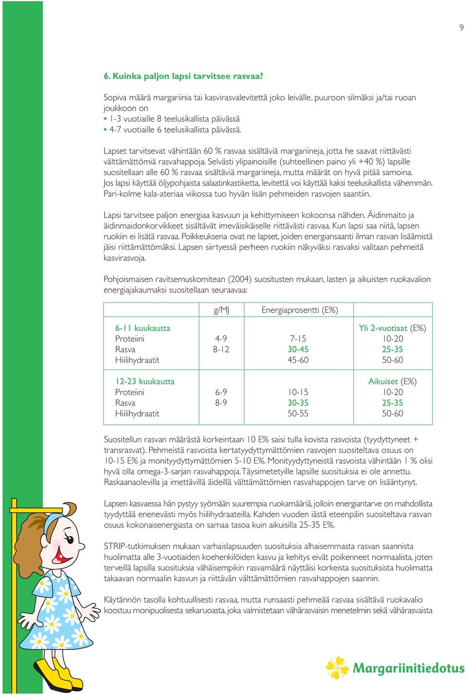 Lapset tarvitsevat vähintään 60 % rasvaa sisältäviä margariineja, jotta he saavat riittävästi välttämättömiä rasvahappoja.