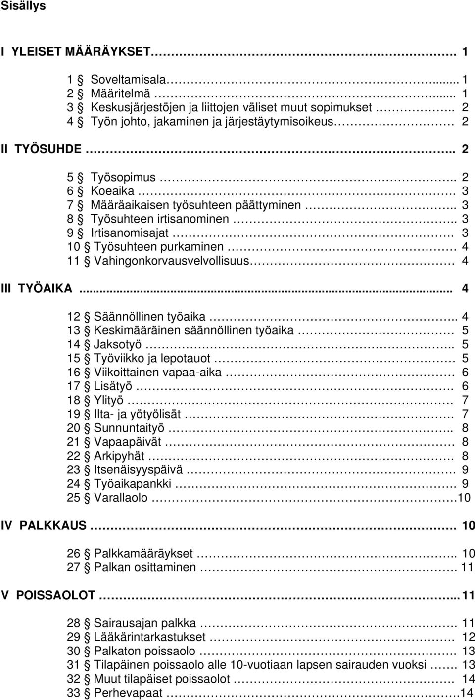 3 10 Työsuhteen purkaminen 4 11 Vahingonkorvausvelvollisuus 4 III TYÖAIKA... 4 12 Säännöllinen työaika.. 4 13 Keskimääräinen säännöllinen työaika 5 14 Jaksotyö.