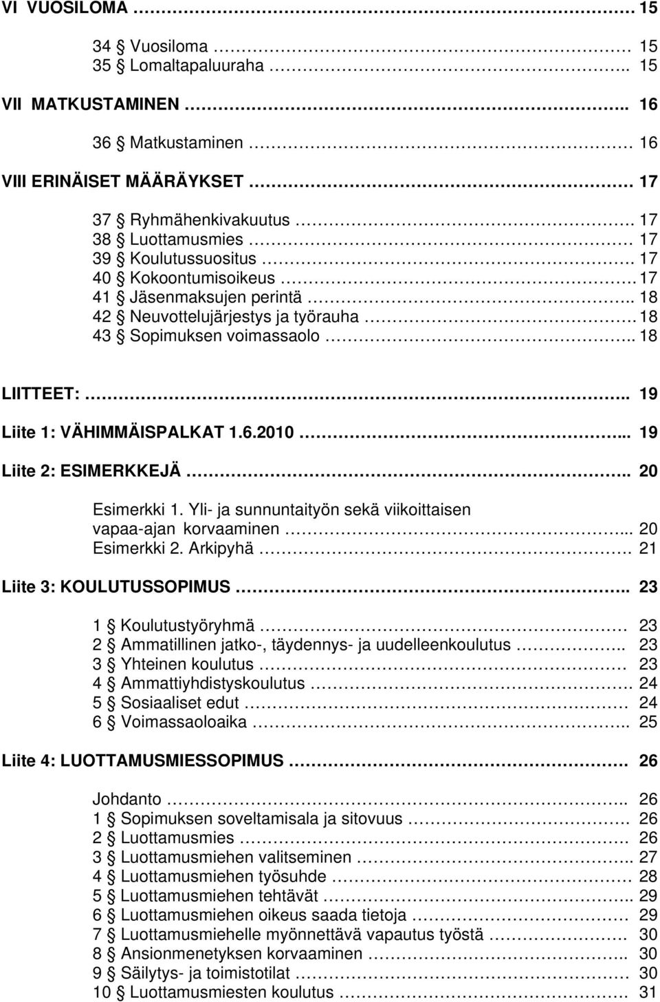 .. 19 Liite 2: ESIMERKKEJÄ.. 20 Esimerkki 1. Yli- ja sunnuntaityön sekä viikoittaisen vapaa-ajan korvaaminen... 20 Esimerkki 2. Arkipyhä. 21 Liite 3: KOULUTUSSOPIMUS.