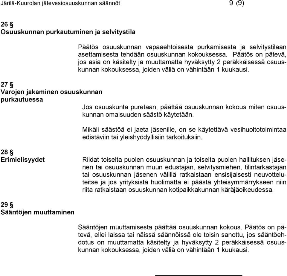 27 Varojen jakaminen osuuskunnan purkautuessa Jos osuuskunta puretaan, päättää osuuskunnan kokous miten osuuskunnan omaisuuden säästö käytetään.