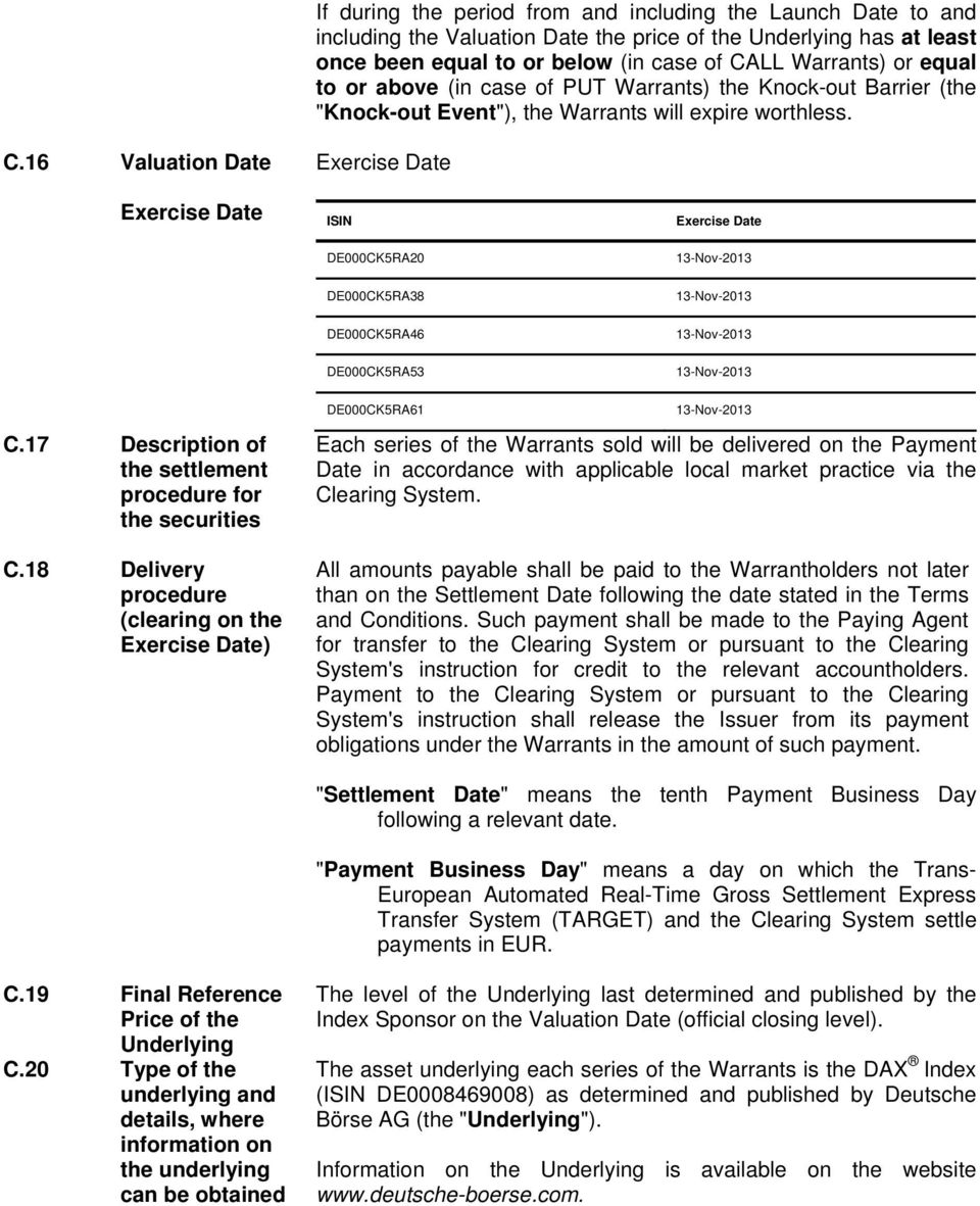 16 Valuation Date Exercise Date Exercise Date ISIN DE000CK5RA20 Exercise Date 13-Nov-2013 DE000CK5RA38 13-Nov-2013 DE000CK5RA46 13-Nov-2013 DE000CK5RA53 13-Nov-2013 C.