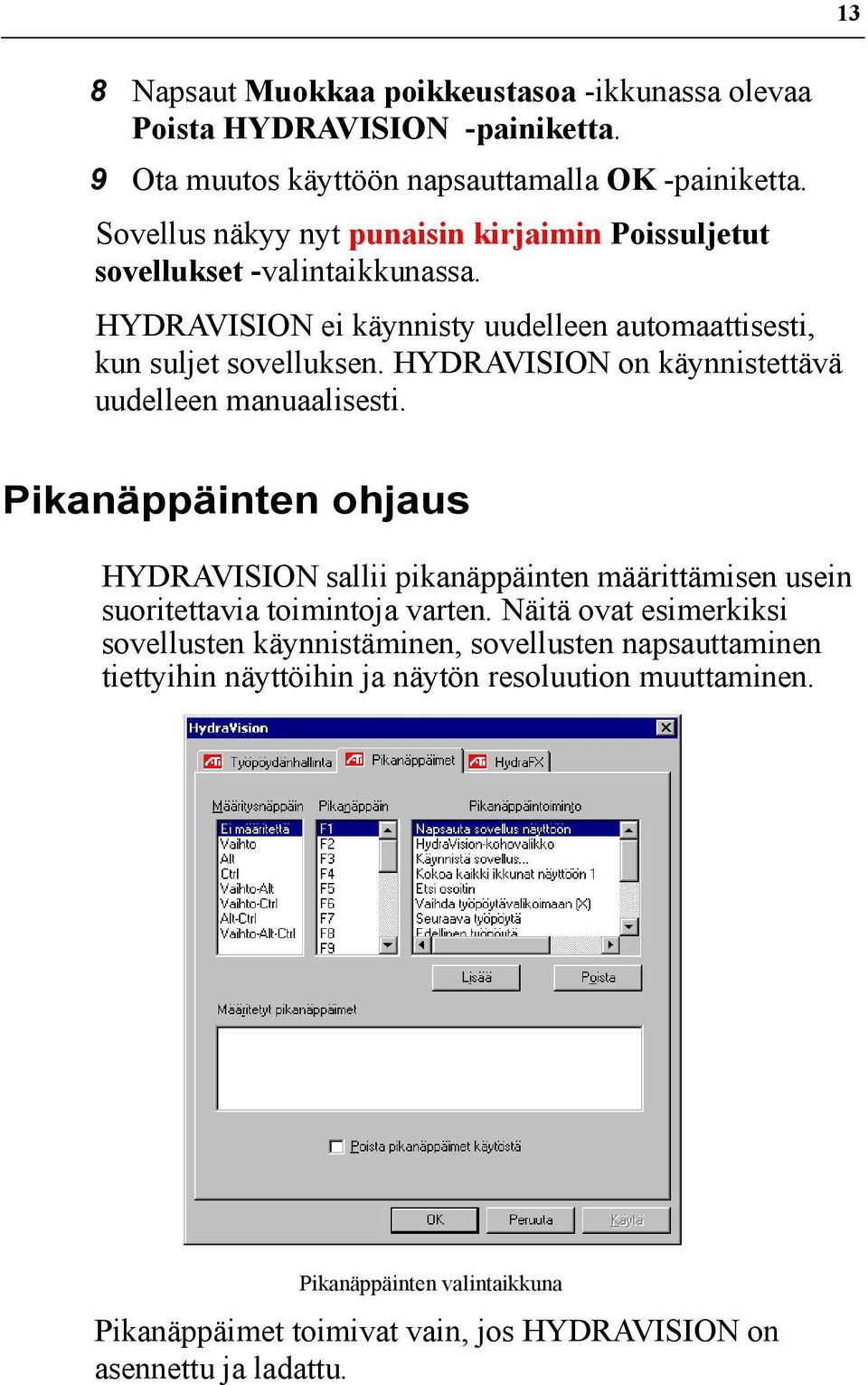 HYDRAVISION on käynnistettävä uudelleen manuaalisesti. Pikanäppäinten ohjaus HYDRAVISION sallii pikanäppäinten määrittämisen usein suoritettavia toimintoja varten.