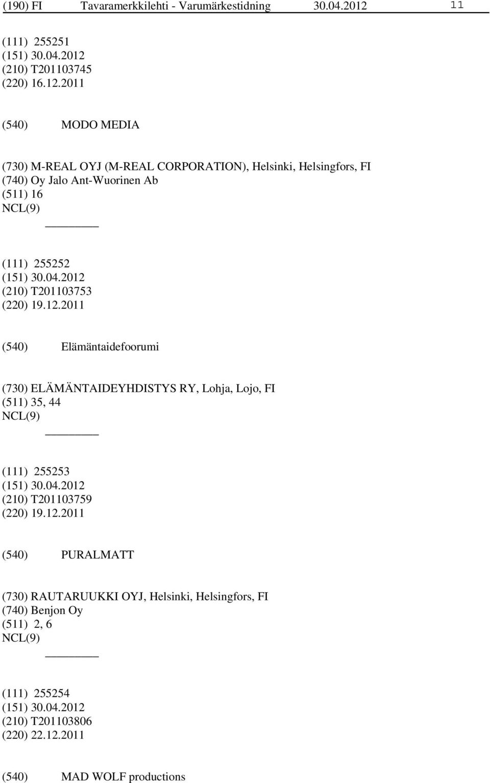 2011 MODO MEDIA (730) M-REAL OYJ (M-REAL CORPORATION), Helsinki, Helsingfors, FI (740) Oy Jalo Ant-Wuorinen Ab (511) 16 (111) 255252
