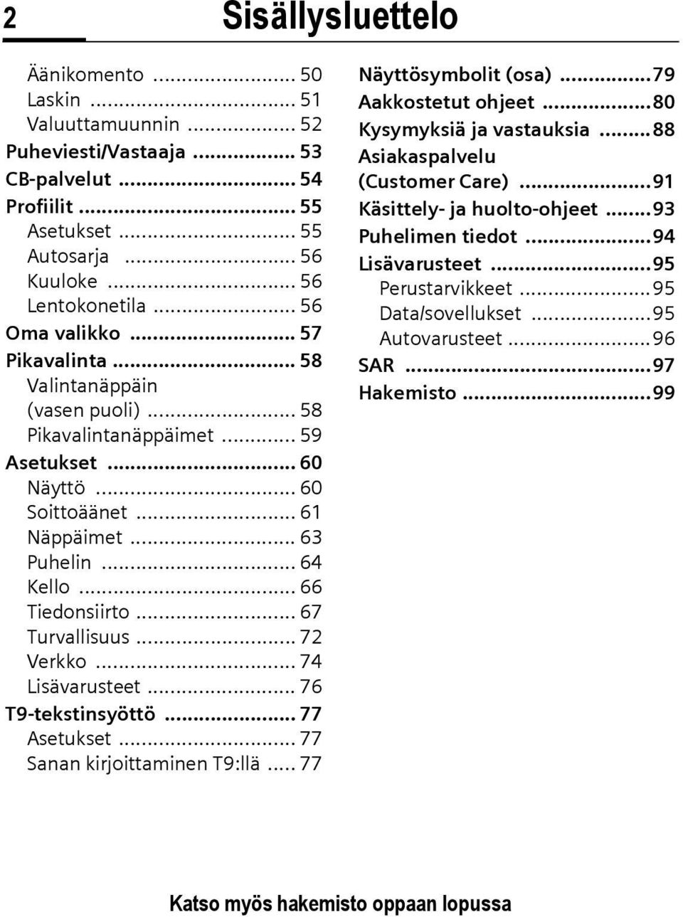 .. 66 Tiedonsiirto... 67 Turvallisuus... 72 Verkko... 74 Lisävarusteet... 76 T9-tekstinsyöttö... 77 Asetukset... 77 Sanan kirjoittaminen T9:llä... 77 Näyttösymbolit (osa)...79 Aakkostetut ohjeet.