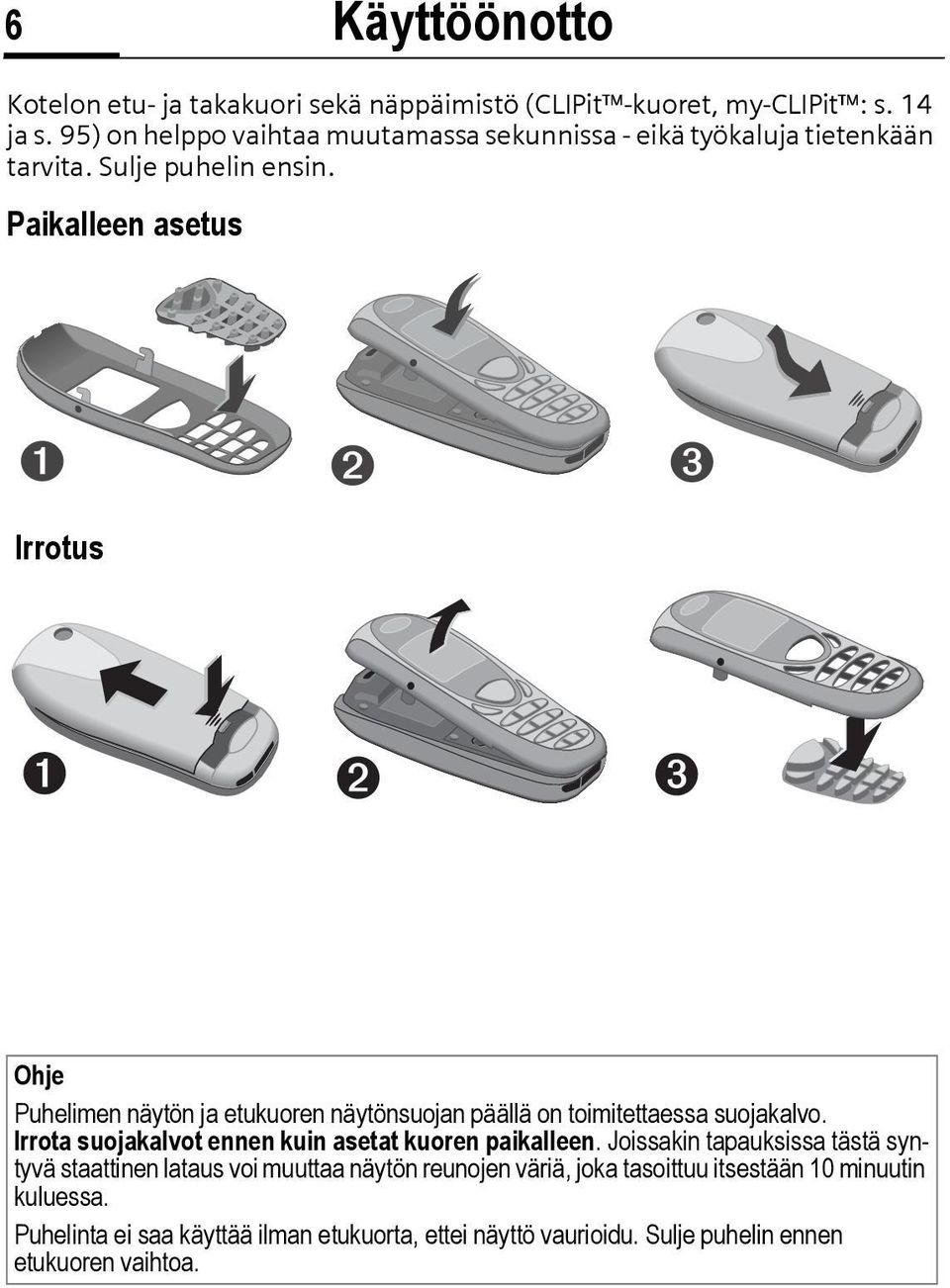 Paikalleen asetus Irrotus Ohje Puhelimen näytön ja etukuoren näytönsuojan päällä on toimitettaessa suojakalvo.