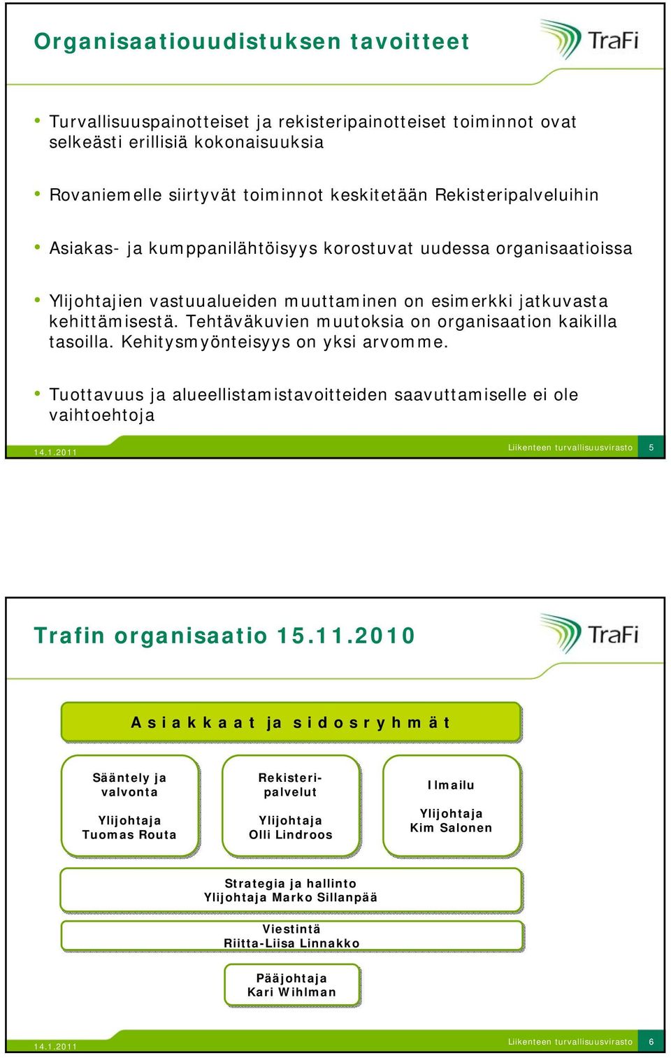 Tehtäväkuvien muutoksia on organisaation kaikilla tasoilla. Kehitysmyönteisyys on yksi arvomme. Tuottavuus ja alueellistamistavoitteiden saavuttamiselle ei ole vaihtoehtoja 5 Trafin organisaatio 15.