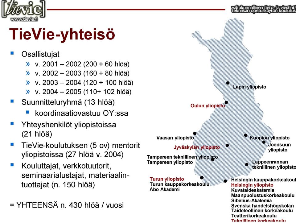 2004) Kouluttajat, verkkotuutorit, seminaarialustajat, materiaalintuottajat (n. 150 hlöä) = YHTEENSÄ n.