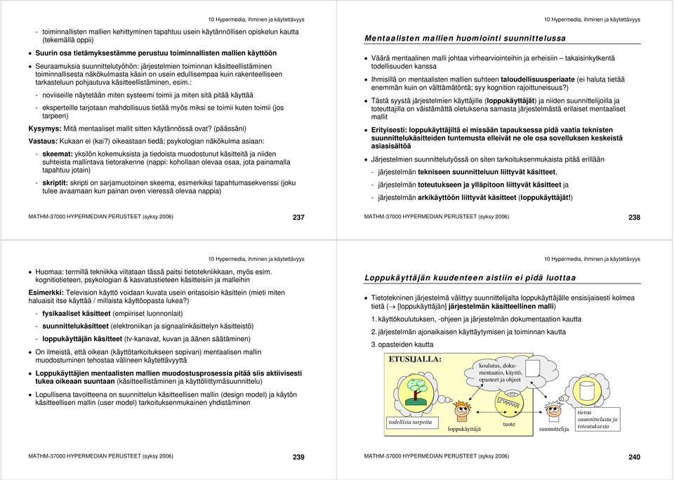 : - noviiseille näytetään miten systeemi toimii ja miten sitä pitää käyttää - eksperteille tarjotaan mahdollisuus tietää myös miksi se toimii kuten toimii (jos tarpeen) Kysymys: Mitä mentaaliset